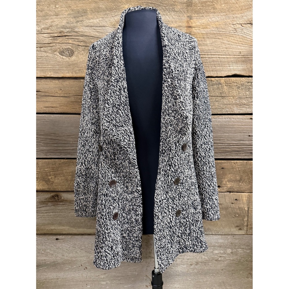 Astars Womens Black White Marled Double Breasted Knit Cardigan Sweater Coat